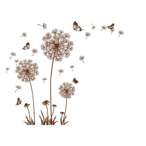 Brown dandelion and butterfly wall stickers for living room decor with natural floral motifs