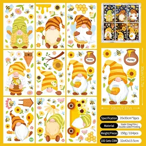 Set of 9 double-sided bee gnomes window clings showing sizes and sunflower designs