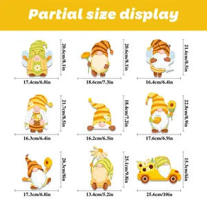 Size chart showing 9 unique spring gnome window stickers with specific dimensions in cm and inches