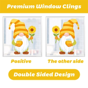 Detail of double-sided sunflower gnome window clings with vibrant yellow and orange tones