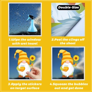 Detailed four-step installation guide for bee gnome static window stickers on glass