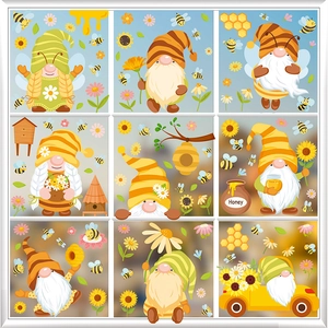 Set of 9 bee-themed garden gnome window clings with sunflowers and honey jar details