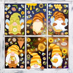 Gnome bee festival window clings with sunflowers and honey stickers for glass decor