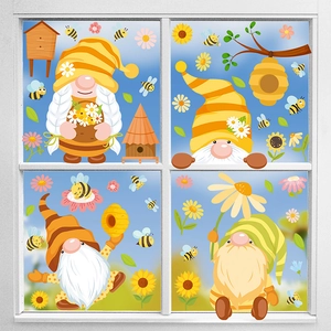 Spring Bee Festival window gnomes stickers with sunflowers and bees for glass decor