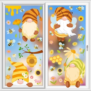 Spring Bee Gnome Window Clings Sunflower Bee Honey Static Decals Glass Decorative Double Sided