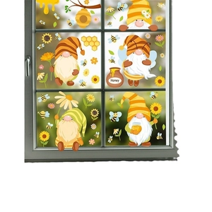 Gnome bee day window clings with sunflowers and honey bees for glass window decor
