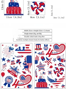Size chart for Independence Day static window clings showing patriotic owl and cake designs