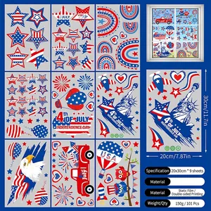 Detail view of 9 sheets of American Independence Day static window clings with festive designs