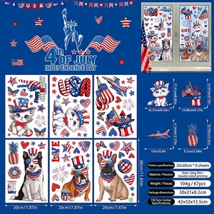 6-sheet set of patriotic Independence Day window clings featuring USA flags and fireworks