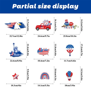 Detailed size guide of July 4th window stickers featuring red truck and eagle designs