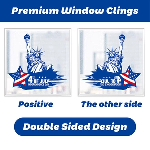 Detail showing double sided window cling with Statue of Liberty and US Independence Day design