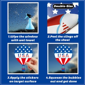 Detailed guide for USA theme double-sided static window clings showing 4-step easy installation
