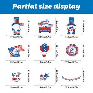 Size chart for 9 Independence Day window clings featuring USA flags and gnomes in cm and inches