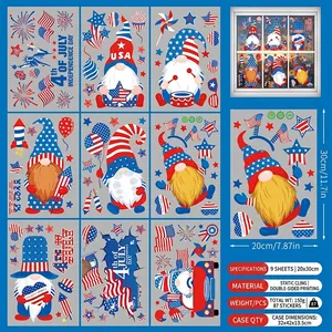 Set of 9 4th of July window clings with gnomes and flags, 20x30cm double-sided static stickers