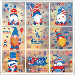Independence Day window clings featuring gnomes and Statue of Liberty in red white and blue