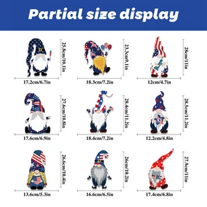 Size chart for 9 patriotic gnome window clings with dimensions for Independence Day decor