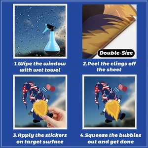 Four-step installation guide for Independence Day gnome window clings with double-sided view