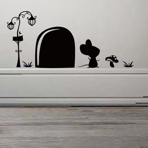 Cute mouse hole wall sticker with vintage lamp and mushrooms for baseboard decor