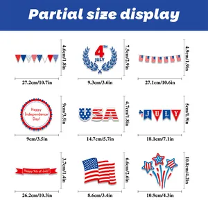 Detailed size chart for USA Independence Day window stickers with red white blue patterns