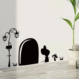 Cute mouse and retro lamp silhouette wall stickers for skirting board and room decoration