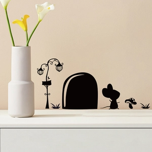 Cute black mouse silhouettes and street lamp wall stickers for modern room baseboard decor