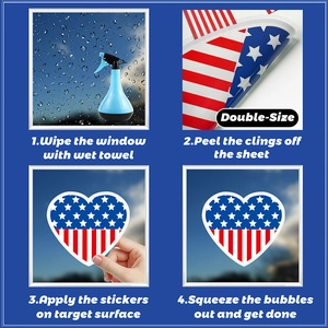 Step-by-step guide for applying American flag heart window clings with double-sided view