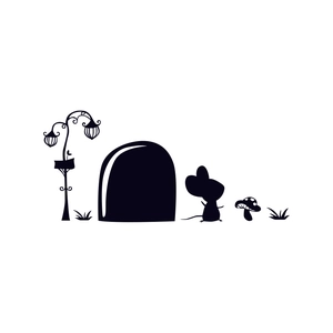 Detail of black mouse hole wall sticker with street lamp and mushroom silhouettes
