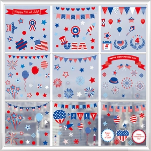 Close-up of July 4th window decals featuring patriotic gnomes and USA flag patterns