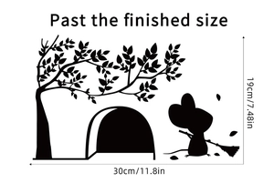 Detailed dimension guide for mouse hole wall decal showing 30x19cm finished size