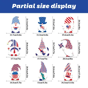 Size chart showing 9 Independence Day gnome window decals with clear measurements