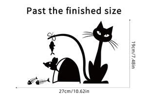 Detail of cute black cat and mouse hole wall decal with precise size dimensions shown