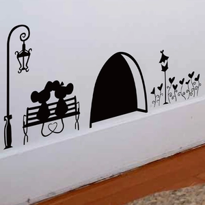 Detail of cute mouse silhouettes on a bench with street lamp wall sticker decoration