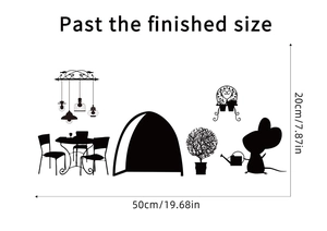 Detail of cute mouse wall stickers featuring a dining set and tent for home decor