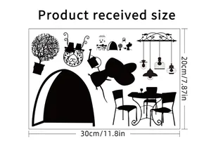 Size guide for cute mouse hole wall sticker set featuring black silhouette elements