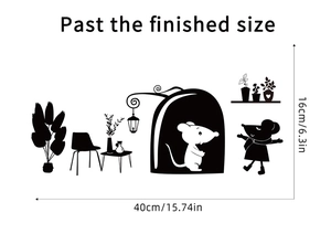 Dimensions of cute black mouse hole wall decals showing 40cm width and 16cm height scale