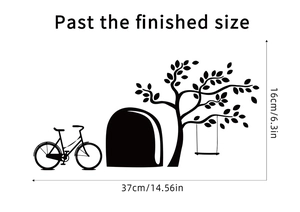Size diagram of black silhouette wall stickers featuring a tree and bike, 16x37cm dimensions