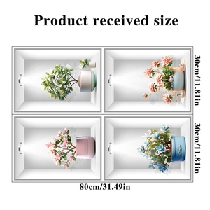 Detail showing dimensions of 3D green plant wall stickers with floral recessed niche design