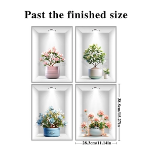 Detail view of 3D green plant wall stickers with specific product dimensions shown