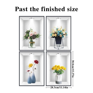 Detailed size specifications for 4-piece 3D floral wall stickers featuring pink roses