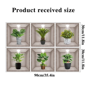 Detailed size layout of 3D realistic potted plants wall stickers showing 90x30cm dimensions