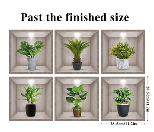 Set of 6 3D wall stickers featuring realistic potted green plants in wooden wall niches