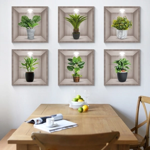 Detailed view of 3D green plant wall stickers showing realistic niche shelf effects