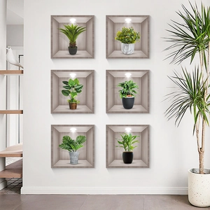 Set of 6 3D green potted plant wall stickers in realistic wooden niche design