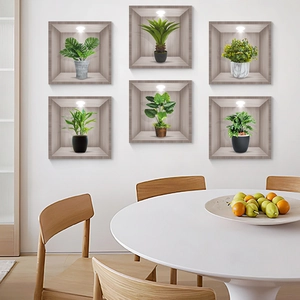 Detail of 3D realistic green potted plant wall stickers in a six-piece grid layout