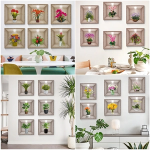 3D realistic wall stickers featuring green potted plants and flowers for home decor
