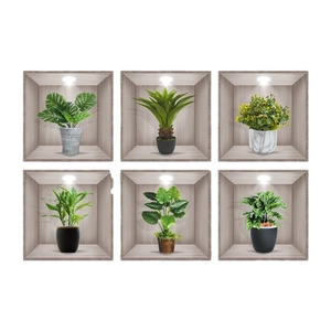 Set of 6 3D waterproof PVC wall stickers featuring realistic green potted plants in niches
