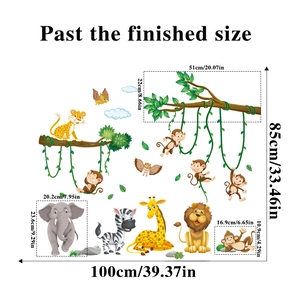 Detailed wall sticker layout showing dimensions of cartoon lions, elephants and giraffes