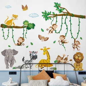 Adesivi murali giungla con leone, giraffa ed elefante per decorare camerette dei bambini