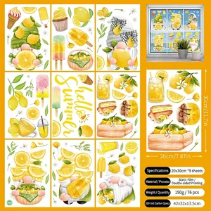 9-sheet summer lemon static window stickers set featuring cartoon gnomes and sun designs