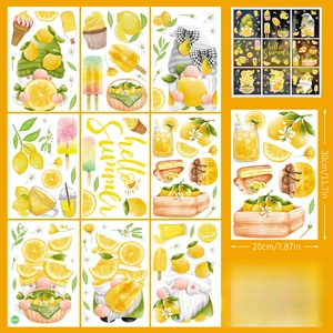 Detail of 9 summer lemon gnome static window clings with double-sided printing patterns